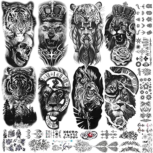Molain 28 Sheets Temporary Tattoos For Adults Skull Fake Tattoo Stickers 3D Realistic Waterproof Sleeve Tattoo Arm Lion Cross Tiger Snake Wolf Rose Flower Butterfly Tatoos