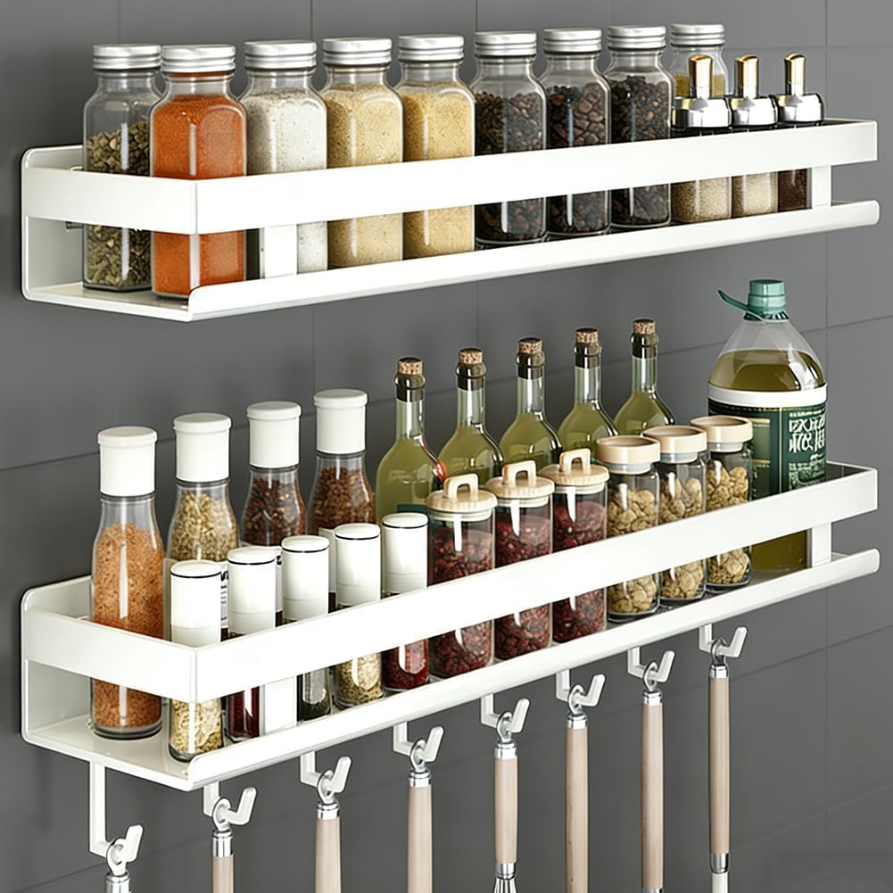 FARYODI Set di 2 portaspezie da parete senza fori, scaffale da cucina con 5 ganci, portaspezie da appendere, salvaspazio, elegante e stabile, facile da montare (bianco latte, 60 cm)