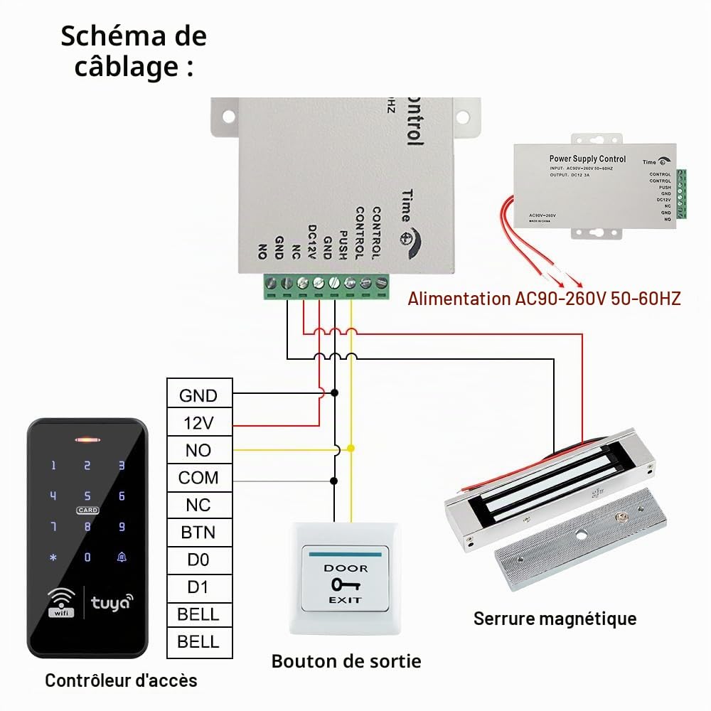 Kit de contrôle d'accès étanche WiFi RFID sans fil avec mot de passe clavier tactile rétroéclairé + 15 porte-clés 125 kHz + serrure électromagnétique 180 kg