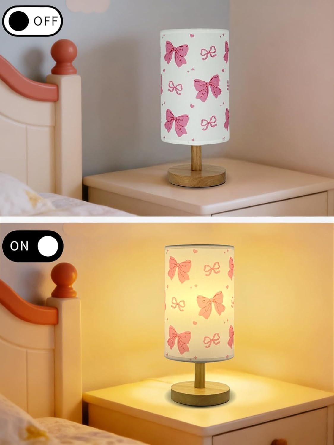 Pink Bow Table Lamp, Girls for Bedroom Bedside Lamp, 3-Way Dimmable Nightstand Night Light with Linen Fabric Shade Solid Wood Base for Kids Room Home Office or Living Decor, Birthday Gifts for Girls