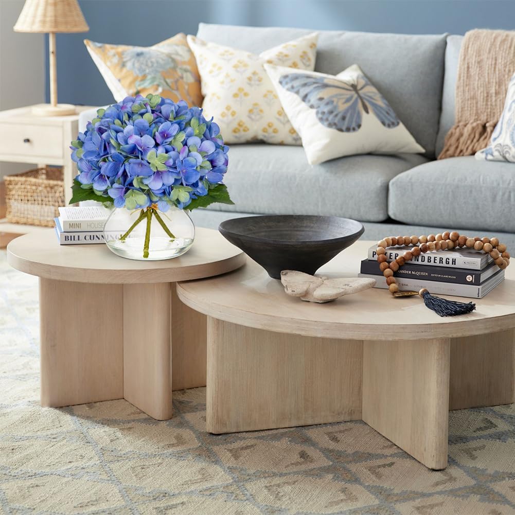 Hollyone Hydrangea Artificial Flowers with Glass Vase Blue-Green Silk Faux Flowers Arrangements in Vase with Faux Water Fake Floral Bulk Bouquet for Home Decor Table Centerpiece Decorations - Image 6