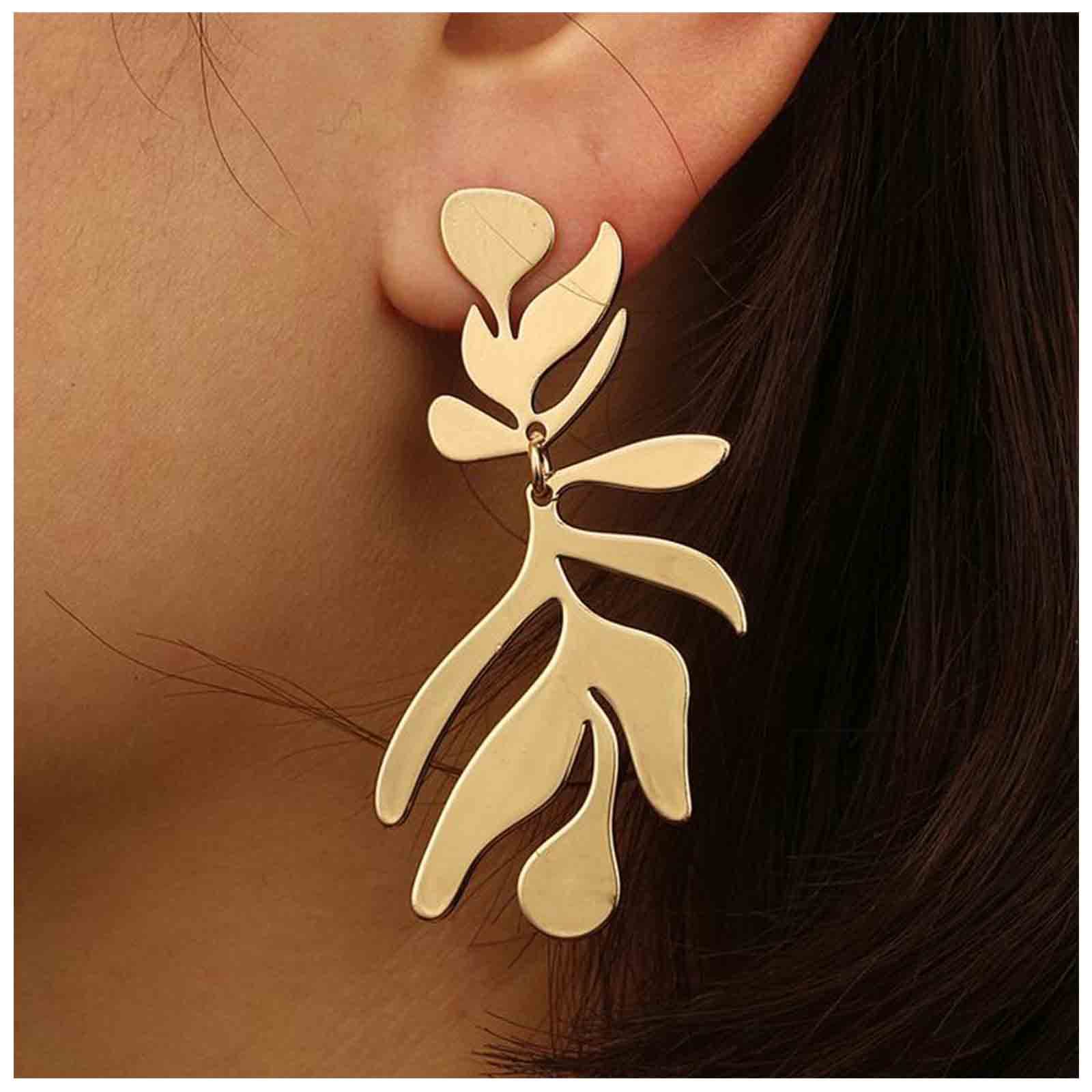 YheakneBoho Big Leaf Stud Pendientes Gold Long Leaf Drop Stud Pendientes Punk Textured Leaf Stud Pendientes Joyería para mujeres y niñas