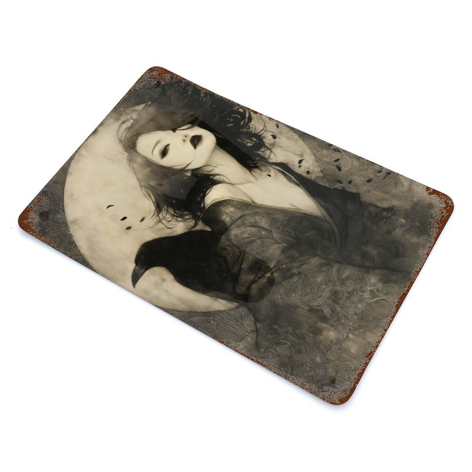 Weathered Tin Sign with Mystical Asian Woman with Raven Design 11.8"x7.9", for Garage, Bar And Workshop Decor, Decorative Metal Wall Art