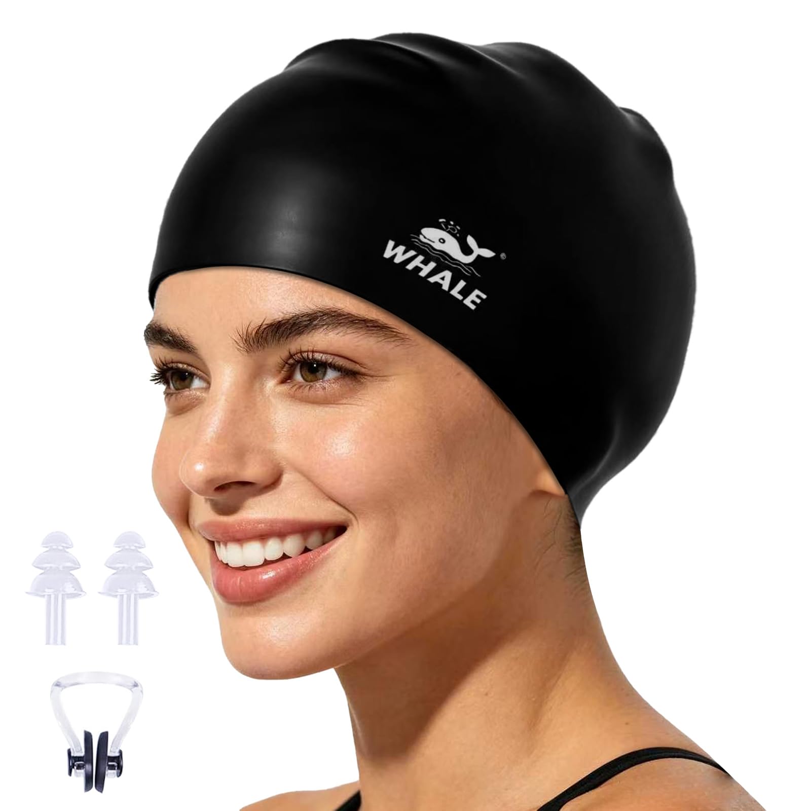WHALE Silikon-Badekappe, wasserdicht, Mütze mit Ohrenschutz, rutschfest, hohe Elastizität, hält das Haar trocken, Unisex, große Größe, geeignet für langes Haar, lockiges Haar und afrikanische