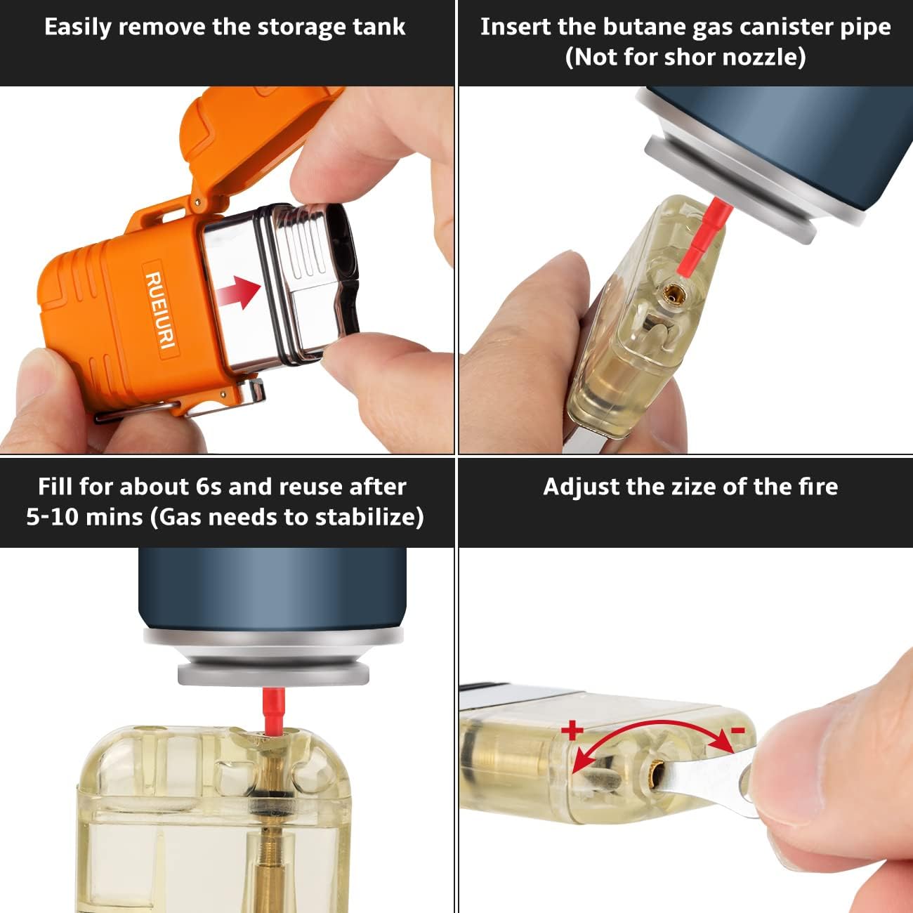 2PCS Torch Lighter Butane Lighter Waterproof Double Jet Lighter for Hiking Camping (No Butane) (Black+Orange)