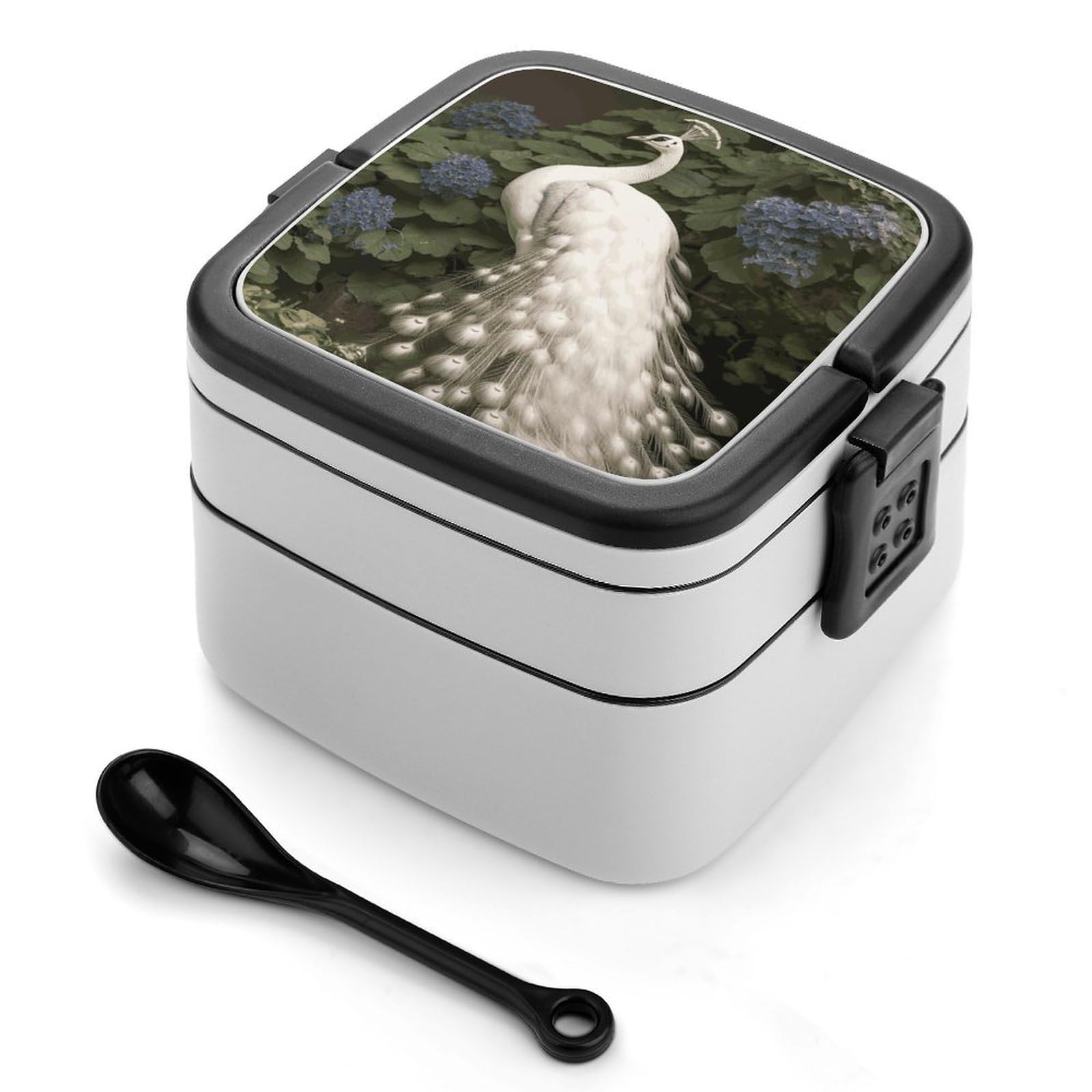 FekiLoot White Peacock Bento Box Adult Lunch Box Sealed Bento Lunch Boxes with Spoon Sturdy Double Layer Bento Boxes Snap-on Design Leak Proof Lunch Containers Ideal for Work