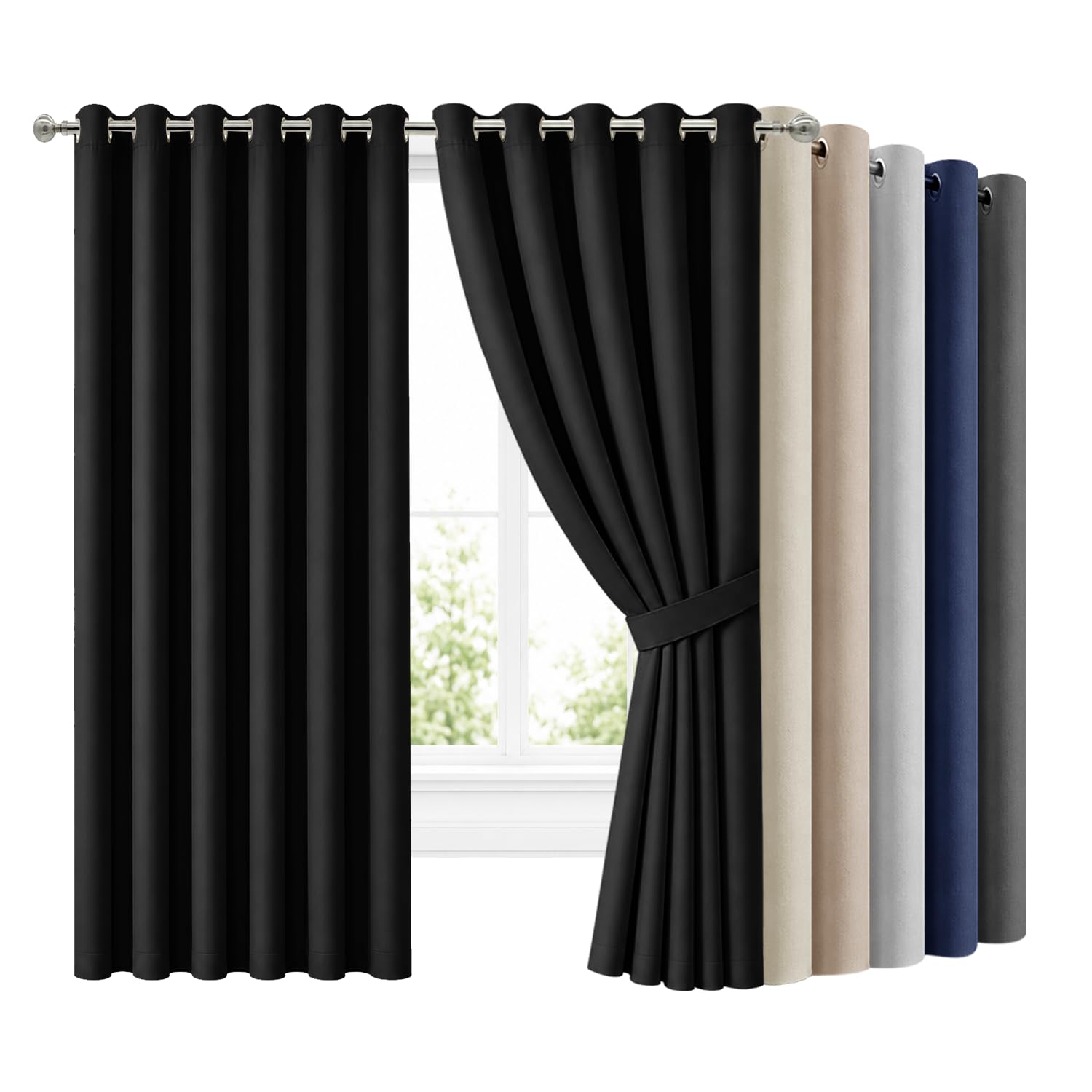 Hafaa Blackout Eyelet Curtains for Living Room 90x90 Inch Black Curtains for Bedroom Super Soft Thermal Insulated Extra Long Curtain and Drapes 2 Panels with Tiebacks — image 1