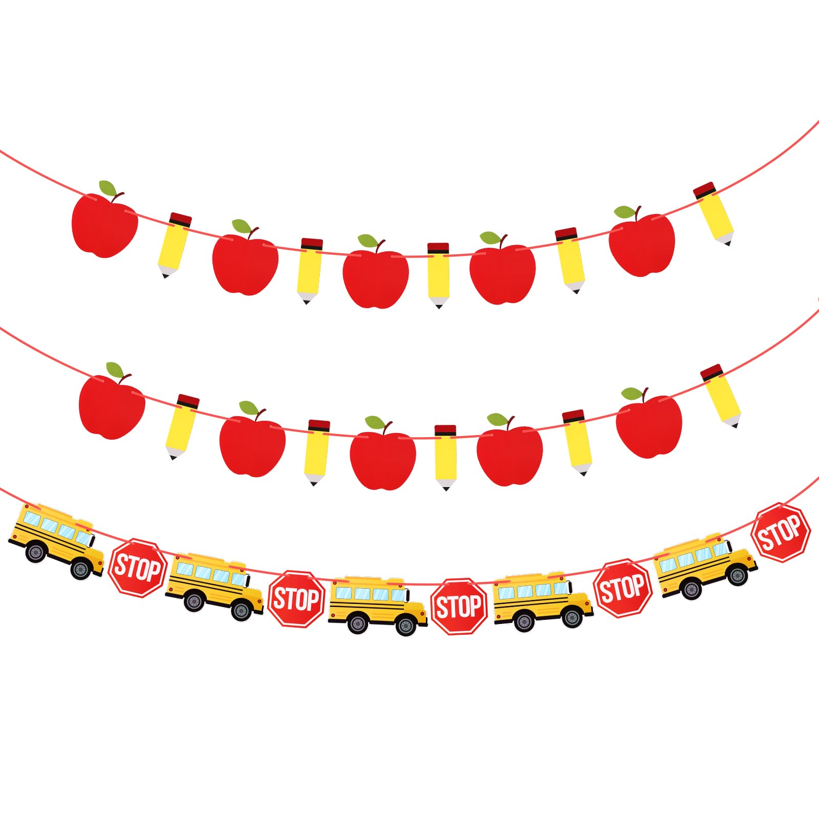 Lyreh 3pcs Back To School Banners, Pencil Apple Back-To-School Season Banners Hanging Garland Decoration for Preschool Elementary Classroom Home Party Supplies