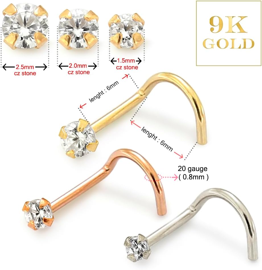 9K Solid Yellow Gold, Rose Gold, White Gold 1.5mm, 1.8mm, 2.0mm, 2.5mm Round Cz Gemstone 22 Gauge Corkscrew Twist Nose Screw - Tiny Nose Stud - Gold Nose Piercing Body Jewelry