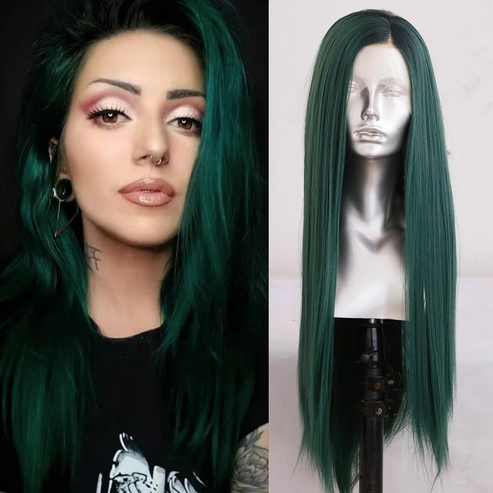 Zielone długie proste peruki dla kobiet środkowe naturalne włókna syntetyczne peruki na imprezę cosplay pełna peruka (61 cm)