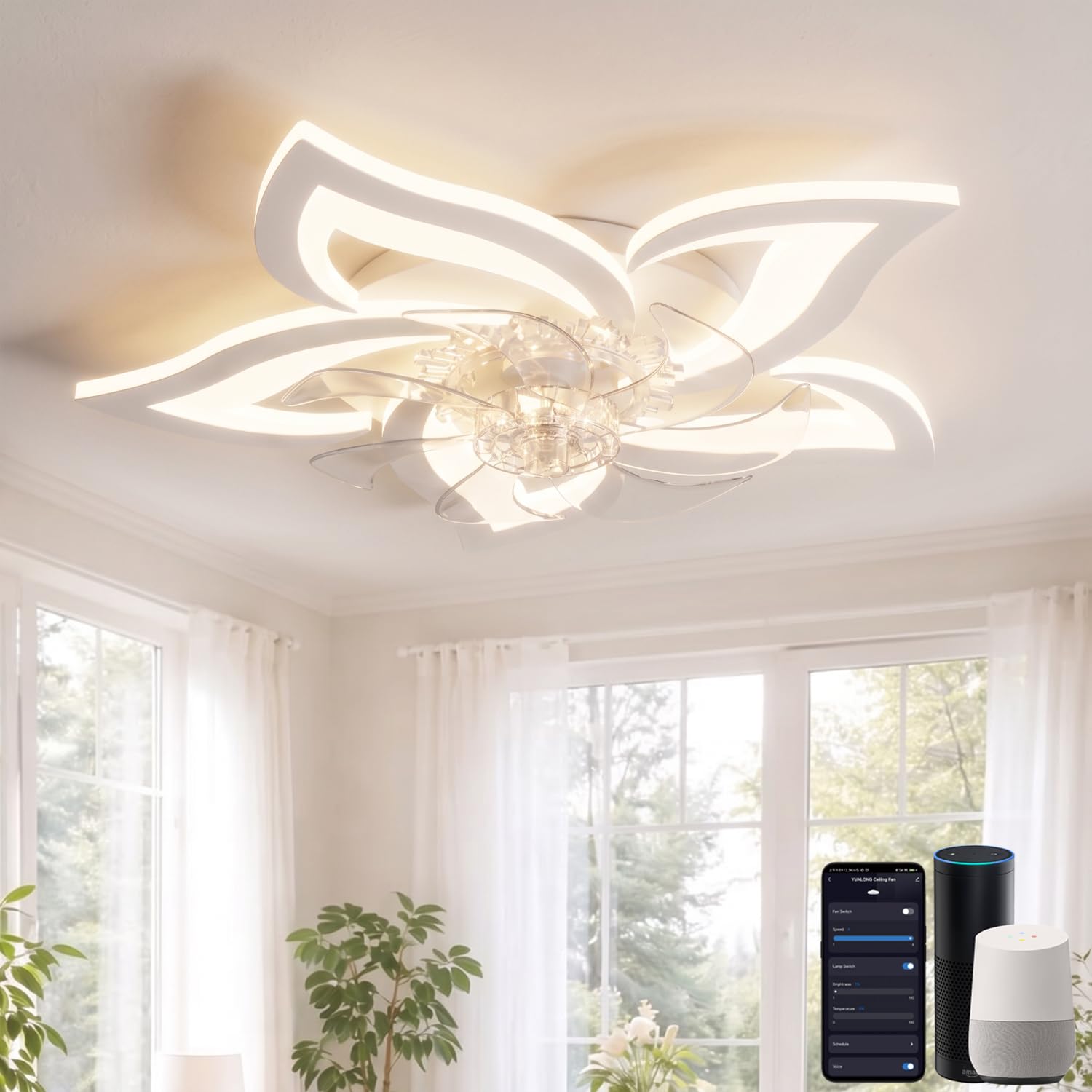 YUNLONG Smart Ceiling Fans with Lights Compatible with Alexa and Google Assistant, Ceiling Fans with Lamps and Remote, Reversible DC Motor, 6 Speed, Dimmable, Memory Function, for Bedroom, White