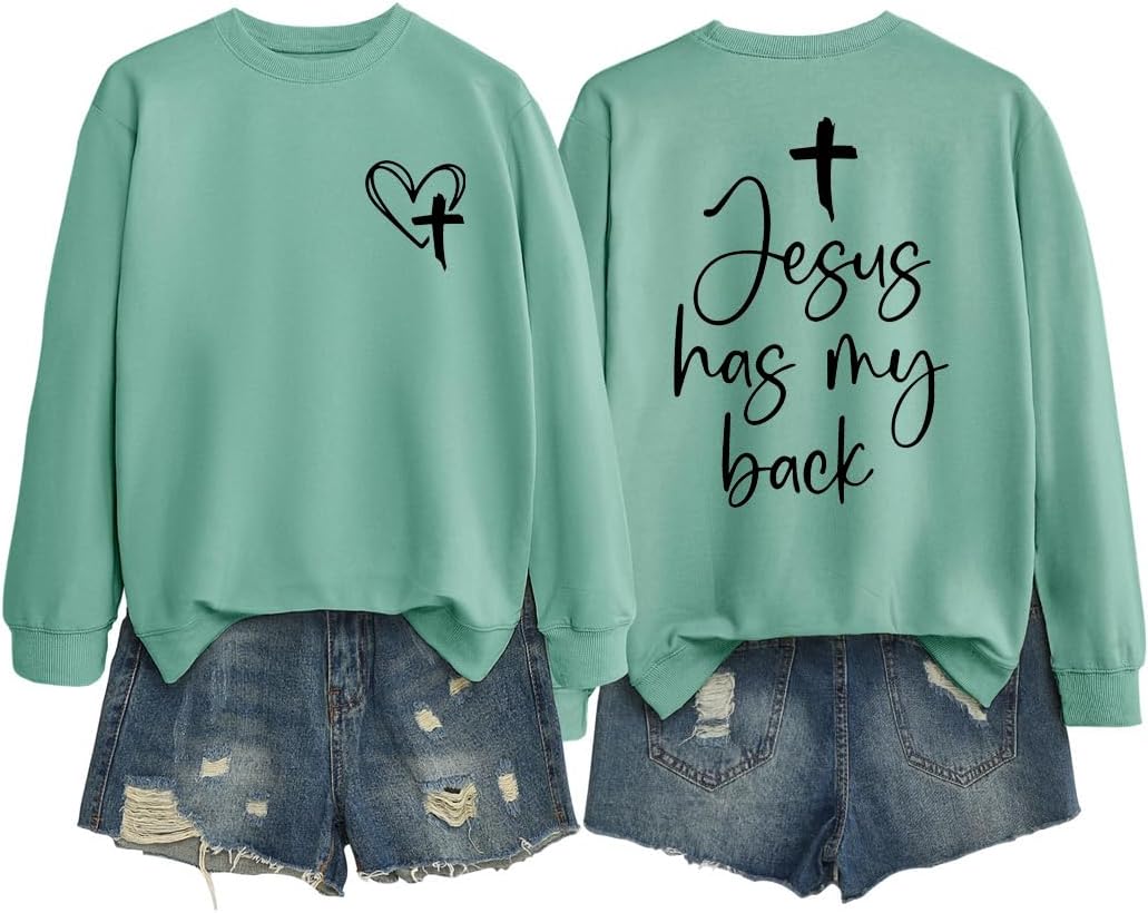 Jesus Has My Back Christian Sweatshirt Women Religious Faith Shirt Long Sleeve Bible Verse Inspirational Pullover Top - Image 3