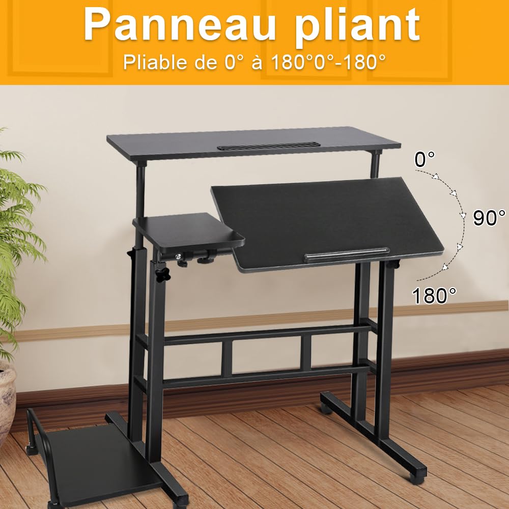 Scrivania in piedi regolabile in altezza con 6 ruote, inclinabile, tavolo compatto per PC per casa, ufficio, postazione di lavoro sit-stand (80 + 22) x 60 cm