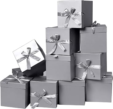 GP SUP Gift Box with Lid & Ribbon for present, 12pcs, Silver, 6" 6" 6"