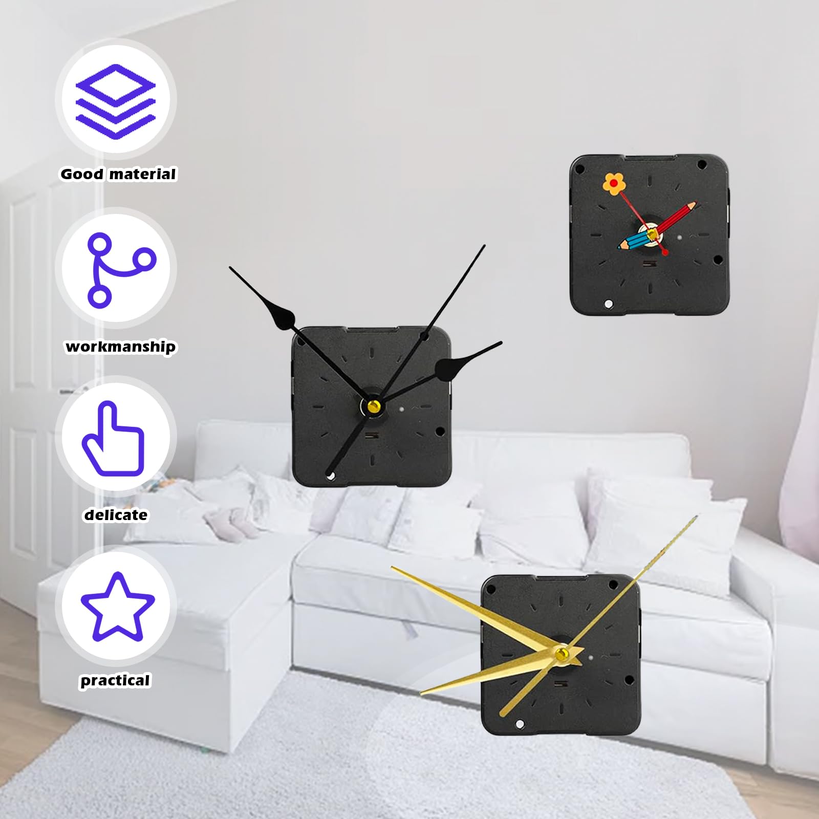 Sporgo 7 Piezas Mecanismo Reloj De Pared: Silencioso Cuarzo Mecanismo con 10 Pares de Manecillas, Mecanismo Reloj para DIY Reparación Reemplazo de Piezas (13/15/17mm)