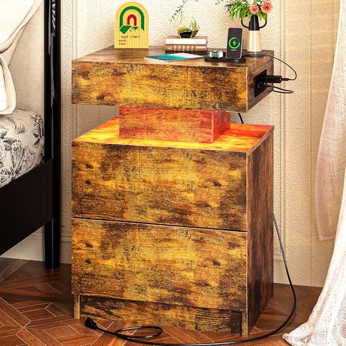 Listado de Buro de Noche de esta semana. 44 SIMPLE HOGAR Buro,Buros para Recamara de Noche con 2 Cajones y Luz LED,Mesita de Noche con Cajones para Dormitorio,Mesita Auxiliar con Luz LED (Retro)