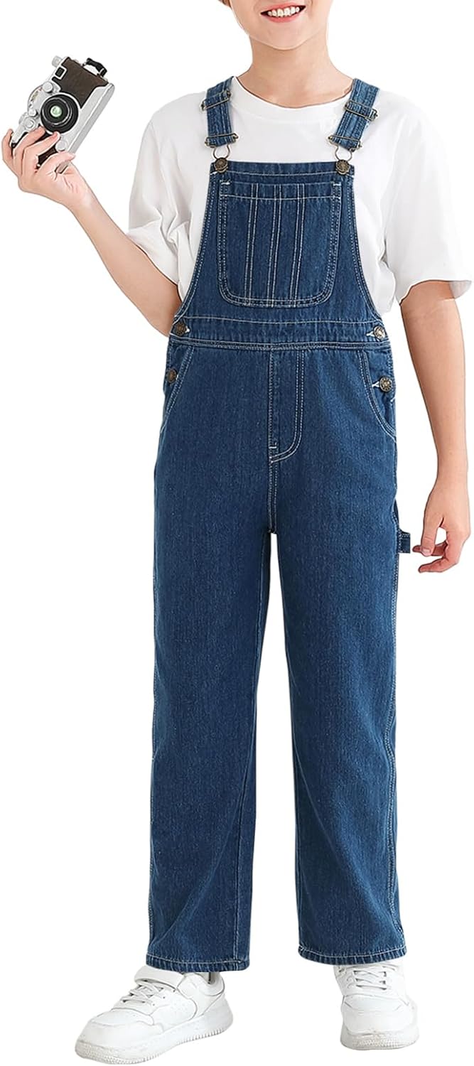 Haloumoning Boys Denim Bib Overalls with Adjustable Straps Kids Jean Overalls with Pockets 5-14 Years
