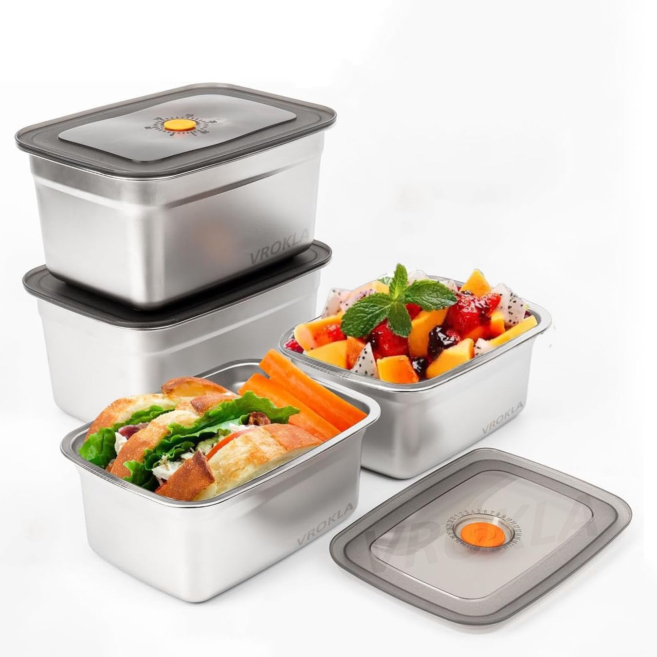 VROKLA 2pcs Stainless Steel Fridge Storage Containers with Leak-Proof Airtight Lids, Reusable Metal Boxes, Stackable, BPA-Free, Dishwasher Safe for Snacks, Fruits (2000 ML)