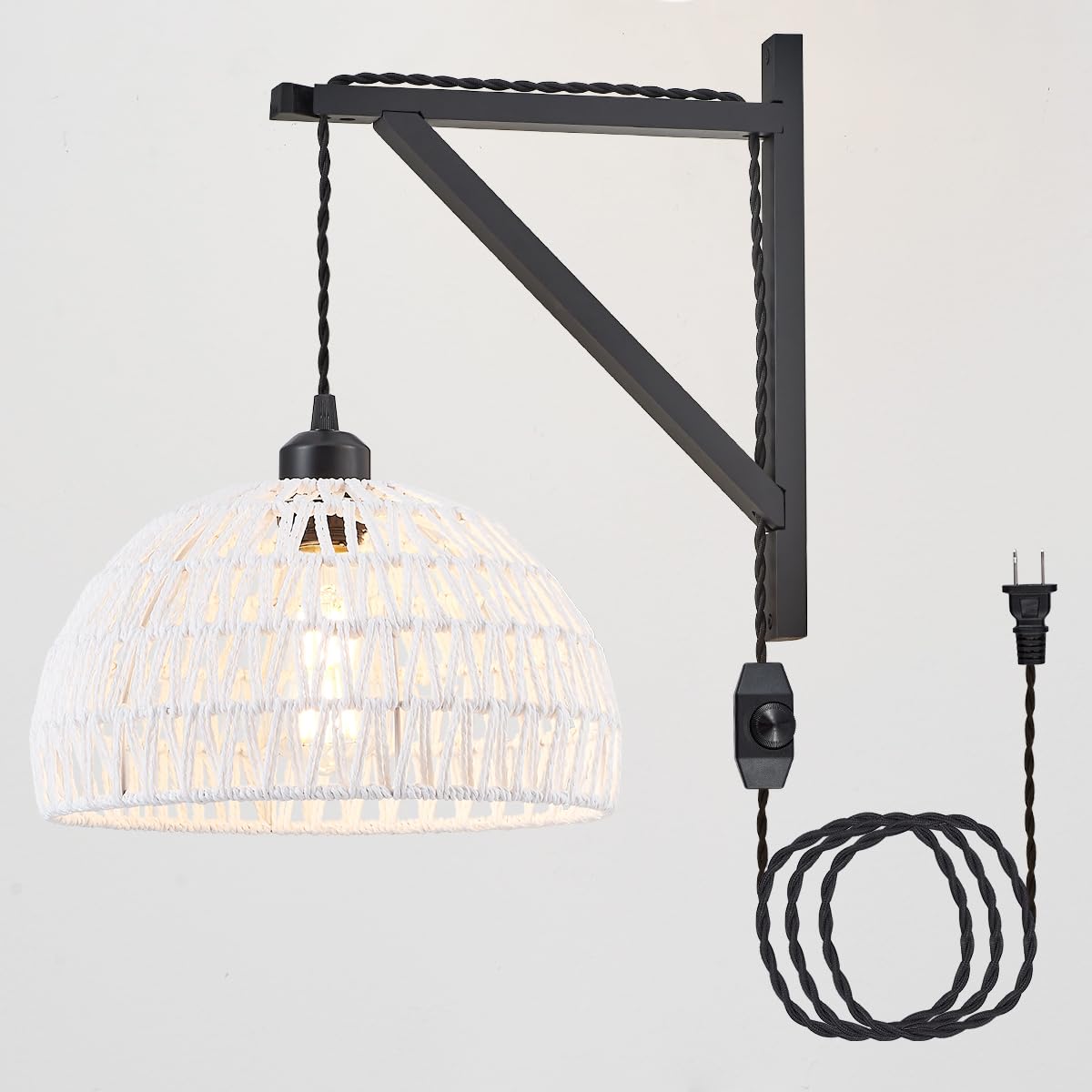KAMTAT Boho Rattan Plug in Wall Sconces White Hand Woven Wall Lamp with Plug in Cord Rattan Wall Lights Wall Sconce Wall Mounted Light Boho Wall