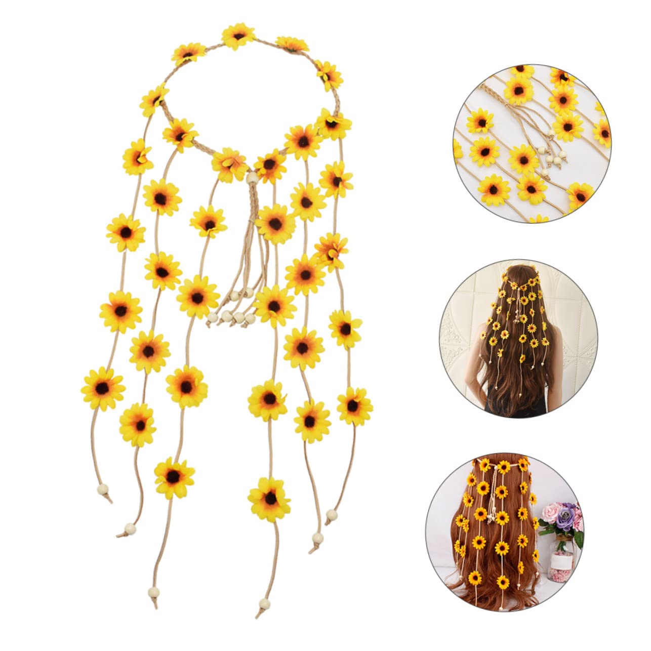 WOONEKY Bandeau De Fleurs Avec Pompoms Couronne De Fleurs Tournesol Pour Festivals Événements Et Accessoire Bohémien Élégant Pour Femmes Et Filles