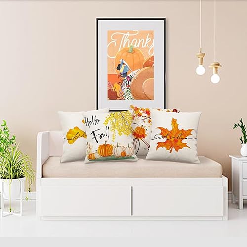 Miniatura 6 de Juego de 4 fundas de almohada de otoño de 22 x 22 pulgadas, diseño de calabazas de Acción de Gracias, decoración de hojas de otoño, para el hogar,