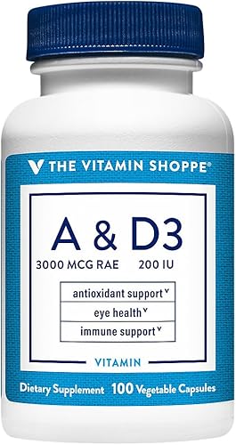 The Vitamin Shoppe Vitamina A y D seca no grasa, antioxidante que apoya la salud inmune y ocular, una vez al día (100 cápsulas)