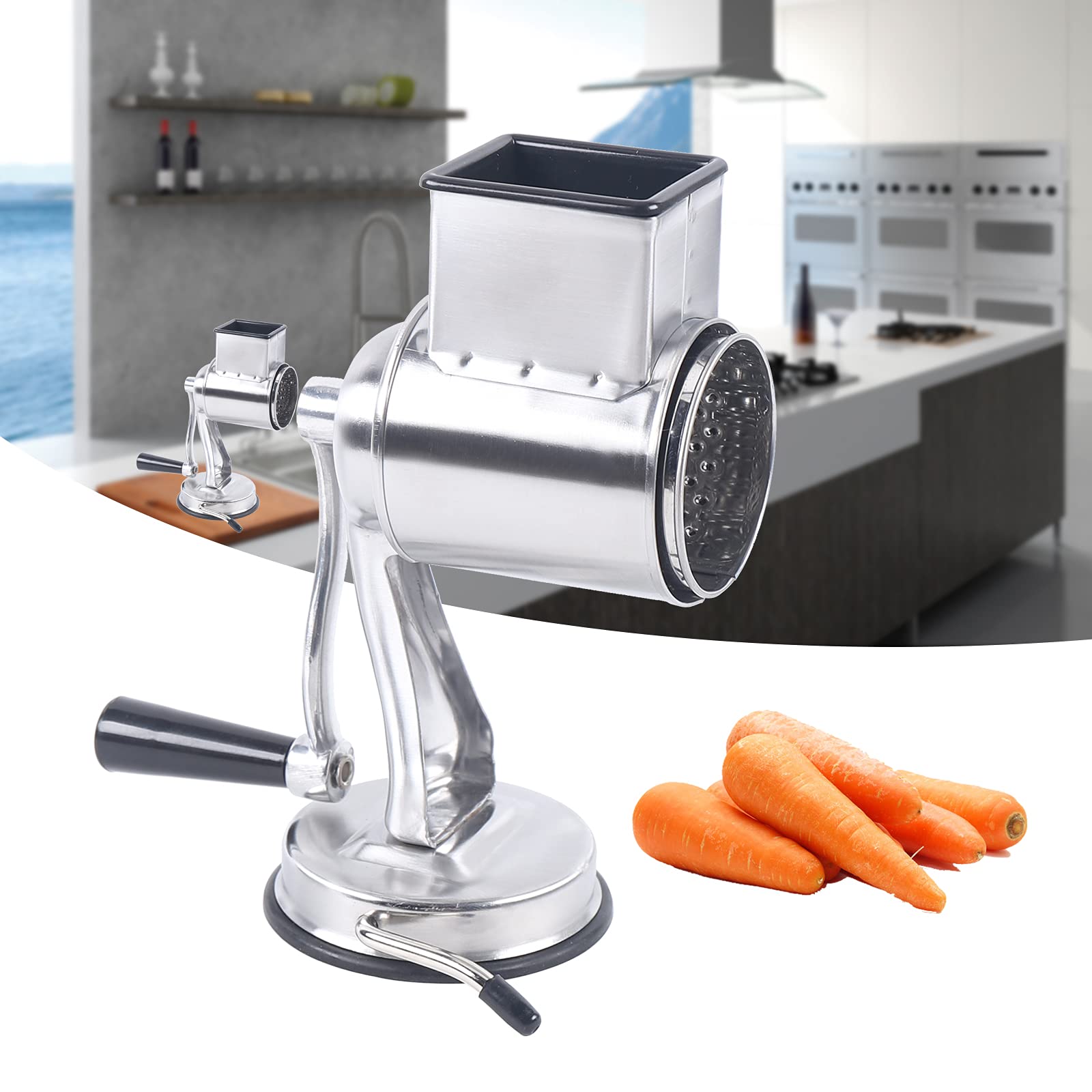 Grattugia a tamburo in acciaio inox, set di grattugia a tamburo girevole, per cucina e verdure, grattugia per formaggi con 5 diverse lame, in acciaio inox, argento