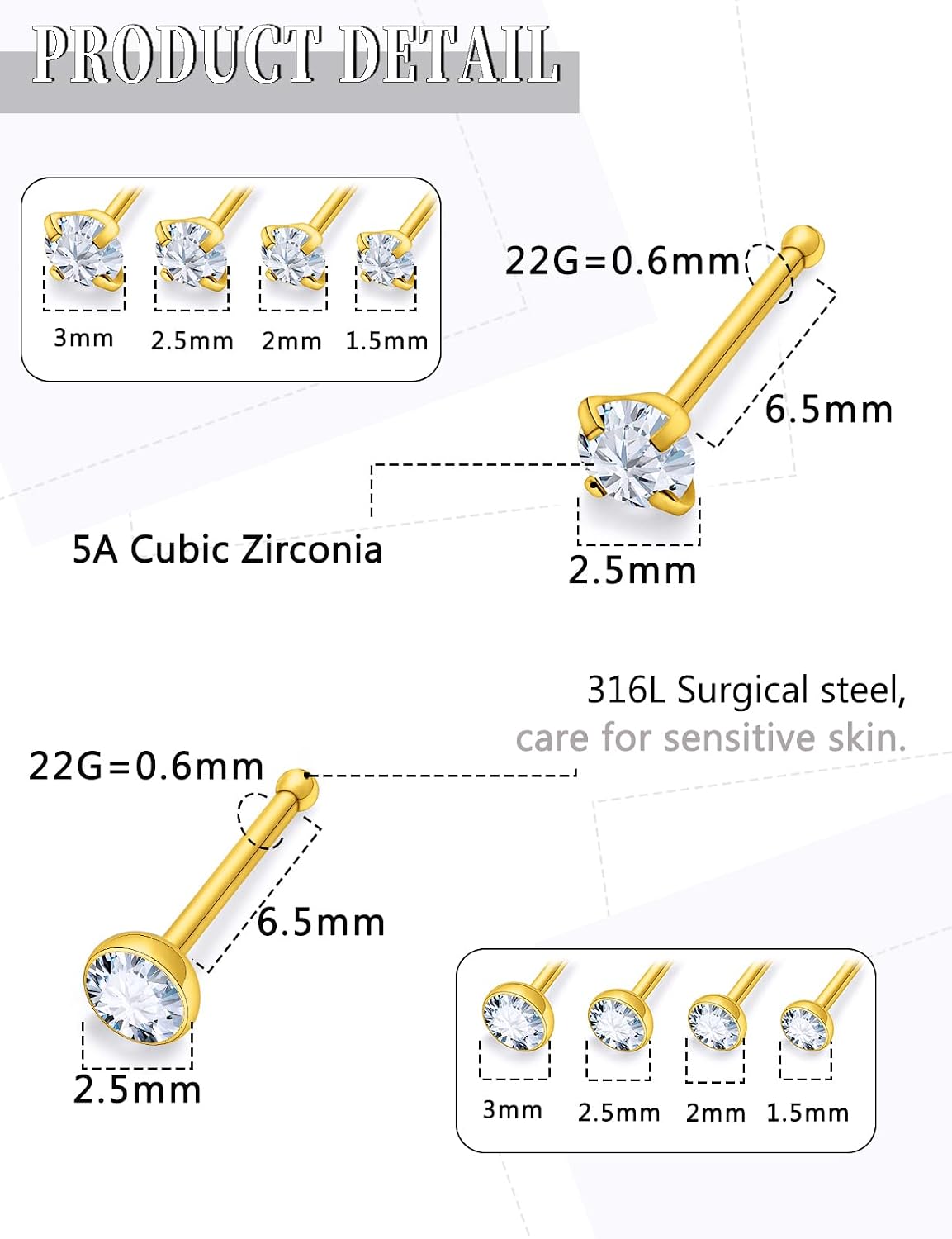 18G 20G 22G Round Cubic Zirconia Nose Rings Studs for Women Men 316L Stainless Surgical Steel Nose Ring Stud Piercing Jewelry Silver Gold Clear CZ 1.5mm 2mm 2.5mm 3mm