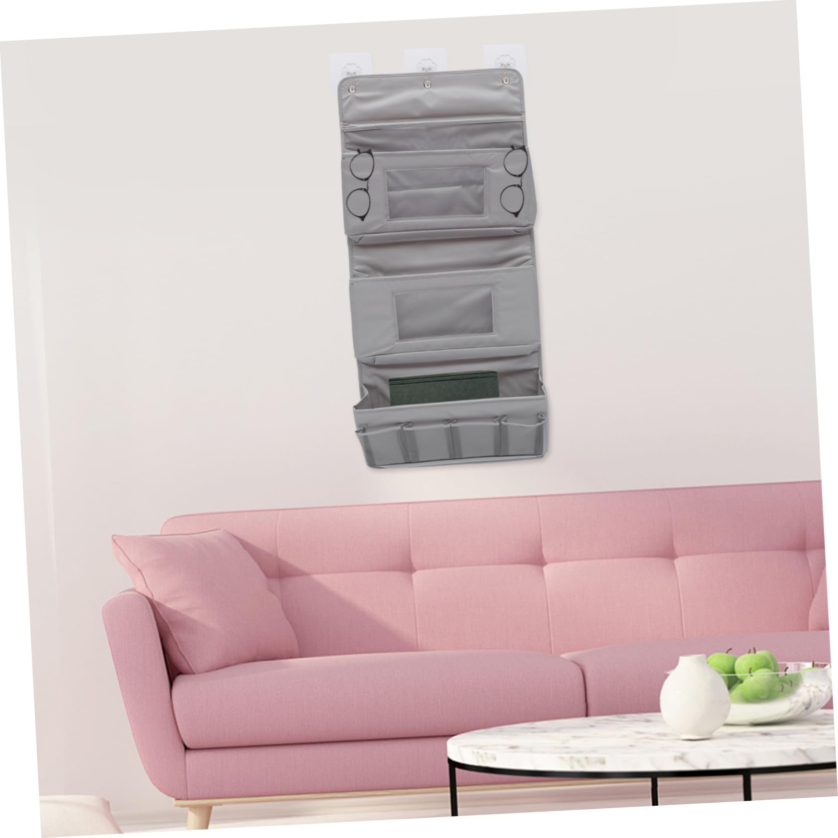 Mikikit Bolsa de Almacenamiento Colgante de Tela Gris con Ganchos sin Perforación Organizador Multiusos para Dormitorio Baño Cocina y Oficina Resistente y Compacto para Ropa y Objetos