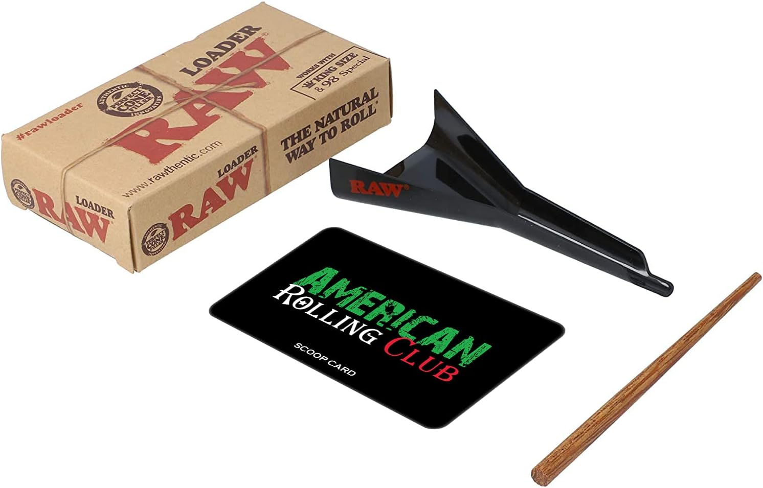 RAW Cone Loader, Will Fit King Size and 98 Special Size Pre rolled cones and rolling papers | Includes American Rolling Club Scoop Card (Loader, Packing Stick and Scoop Card Only)