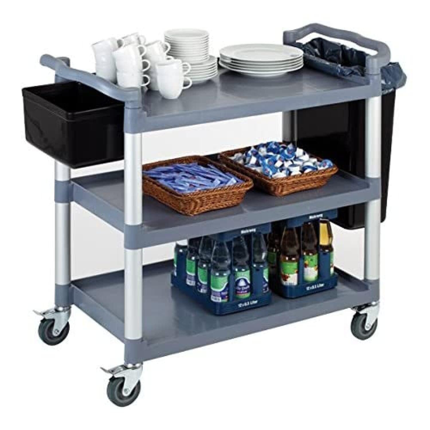 APS Wózek do serwowania/transportu aluminiowa rama, 3 półki, odstęp na półkę 31 cm, 4 kółka skrętne z blokadą, nośność 80 kg na półkę, łącznie 240 kg, zdemontowany, łatwy montaż, bez pojemnika