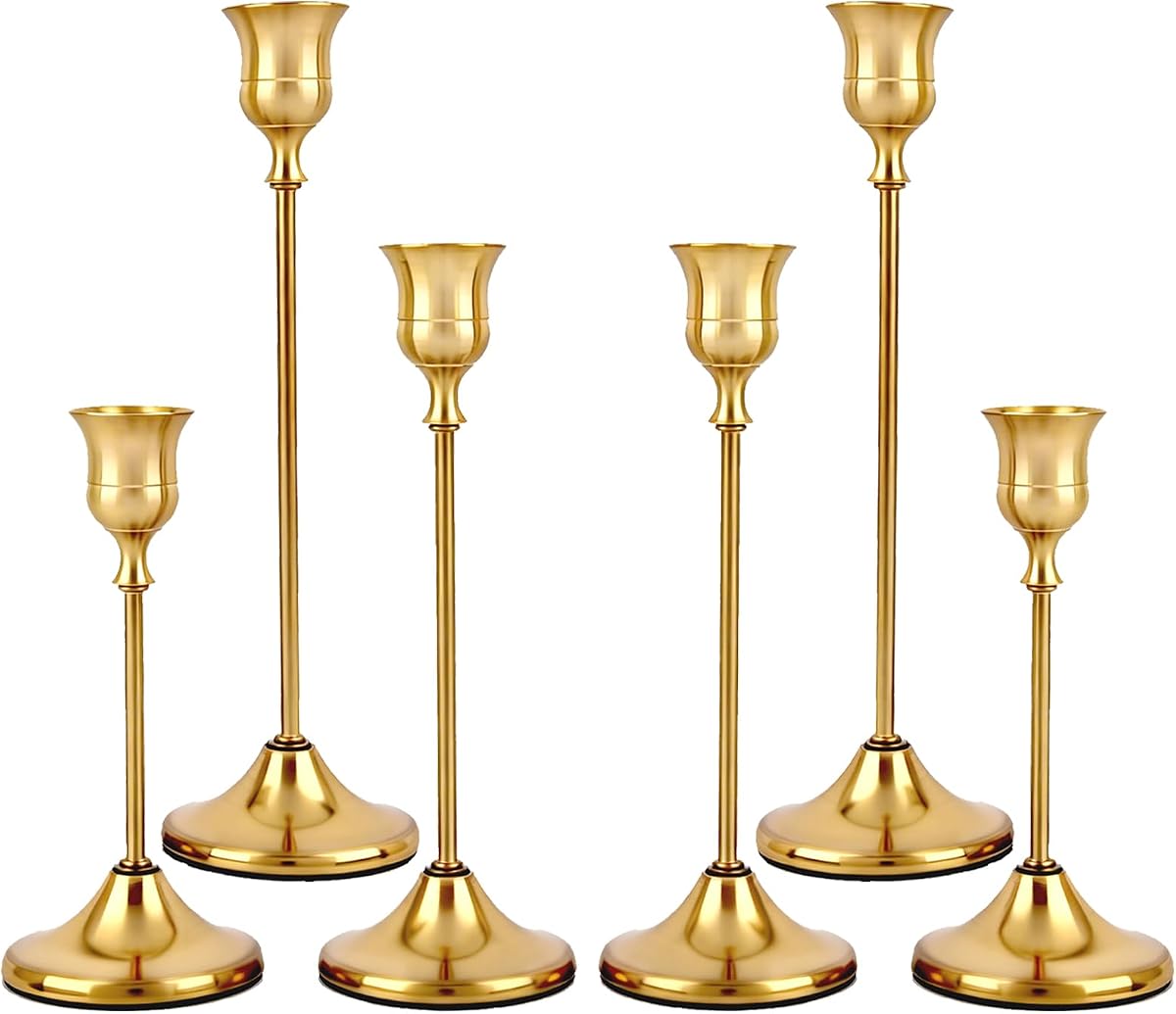 Set of 6 Brass Gold Candle Holders Metal Candlestick Holders Home Decor | Vintage Taper Candle Stick Holder for Table Fireplace Wedding Christmas Housewarming Gift with Exquisite Packaging