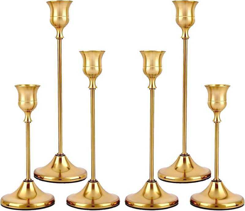 Set of 6 Brass Gold Candle Holders Metal Candlestick Holders Home Decor | Vintage Taper Candle Stick Holder for Table Fireplace Wedding Christmas Housewarming Gift with Exquisite Packaging