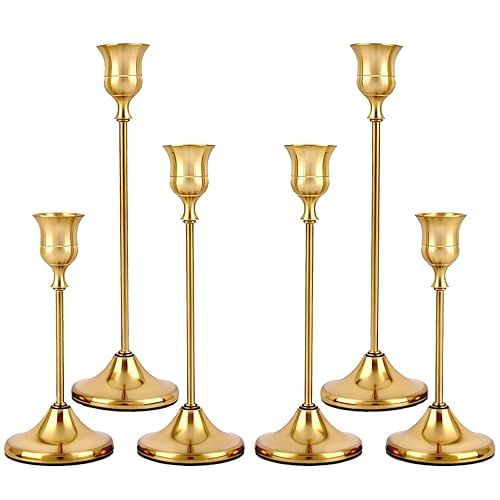 Set of 6 Gold Metal Taper Candlestick Holders Vintage Brass