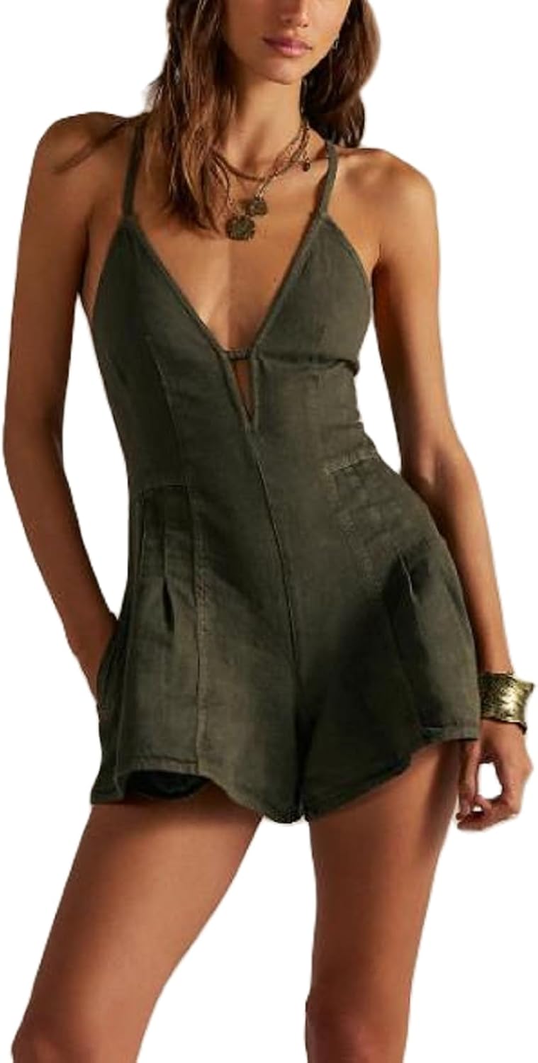 Yoawdats Women Spaghetti Strap Denim Romper Sleeveless V Neck Backless Tie-Up Jean Short Jumpsuits Y2k Ruffle Jean Overalls