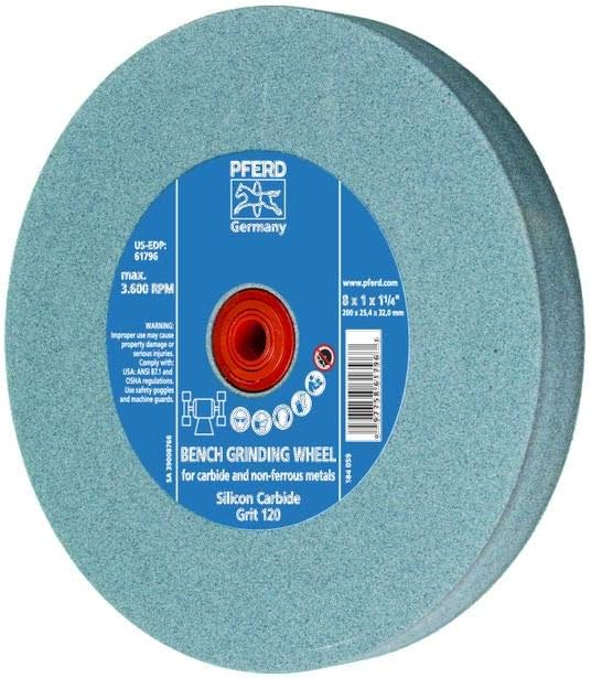 PFERD Vitrified Bench Grinding Wheel โ Carbide, 8" Diameter, 1" Thick, 1-1/4" Arbor, 120 Grit, Silicon Carbide, for Carbide Tool Sharpening and Grinding - Part 61796