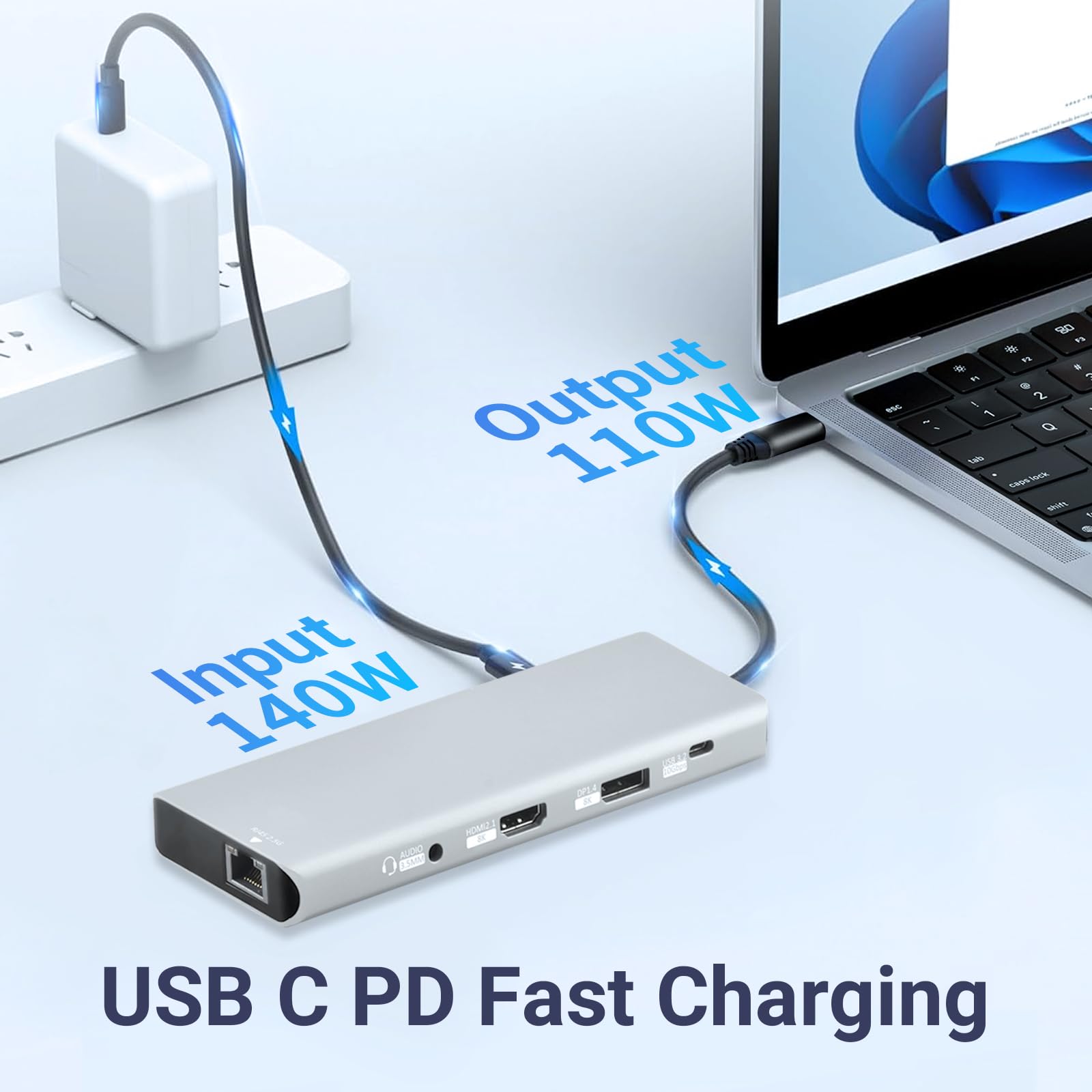 Station d'accueil USB C 10 en 1, PD3.1 140 W, HDMI 2.1 8K, DP1.4, Ethernet 2,5 G, USB 3.2 10 Gbit/s, SD/TF, prise audio, double hub d'affichage 4K @ 60 Hz pour MacBook, Windows, Steam Deck, Switch