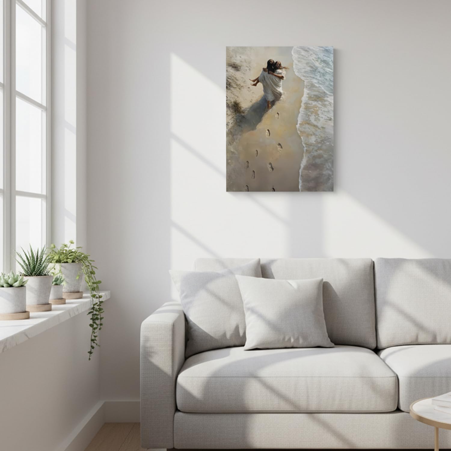 Cymkova Jesus Hugging Woman Wall Art Footprints in The Sand Wall Decor Christian Beach Canvas Painting Picture Prints Artwork for Bedroom Living Room 12x16 inch