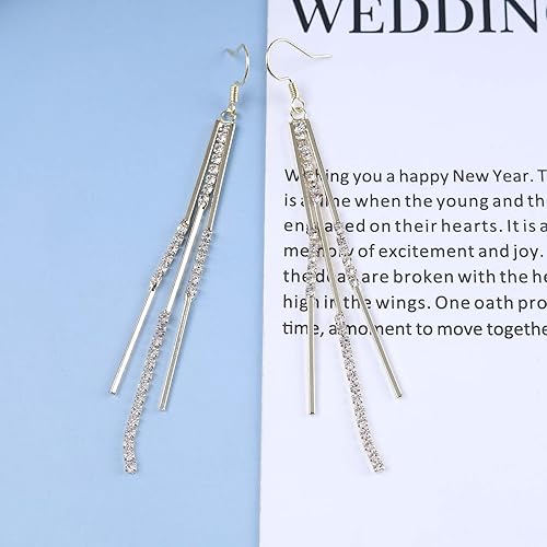 Vintage Crystal Tassel Earrings Rhinestone Bar Drop Earrings Long Rhinestone Chain Earrings Gold Cz Bar Hook Earrings Sparkle Tennis Chain Earrings Jewelry for Women(Gold)