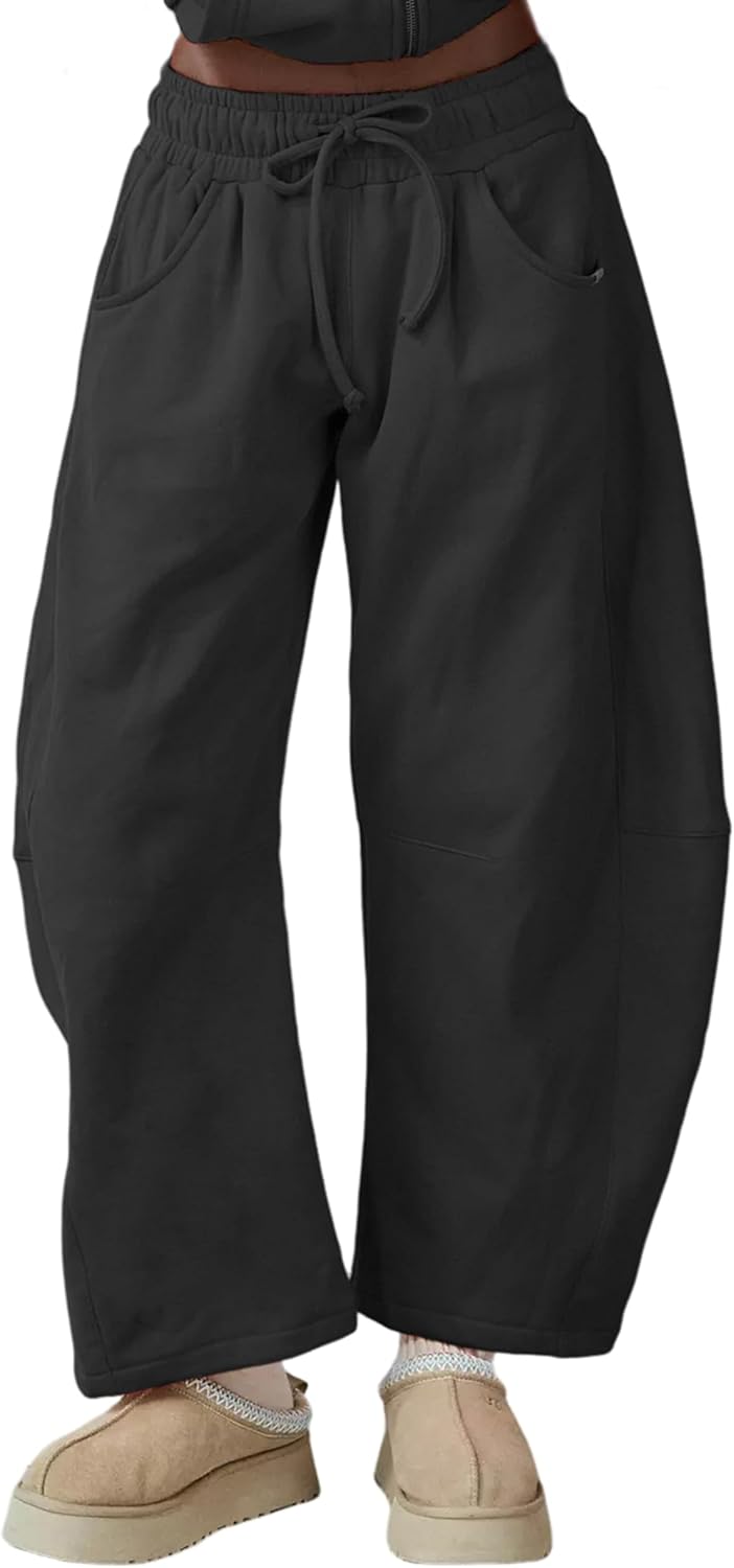 SeekMe Womens Fleece Lined Sweatpants Barrel Leg Baggy Joggers for Winter Warm Casual Lounge Athletic Pants(0025-Black-XXL)