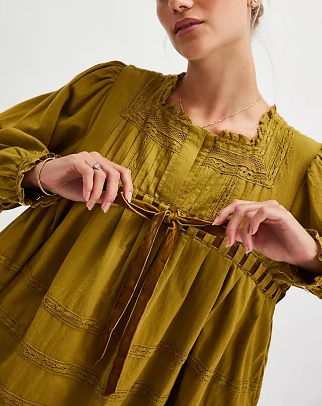 Women Bow Tie Mini Babydoll Dress Spring Cute Embroidery Floral T-Shirt Dress Y2k Long Sleeve Short Flowy Sundress3