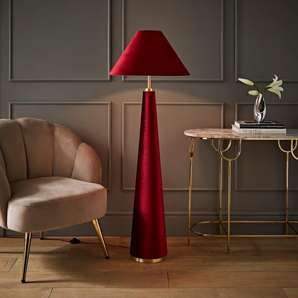 ValueLights Martha Velvet Midi Floor Lamp with Conical Velvet Lamp Shade & Bulb in Burgundy