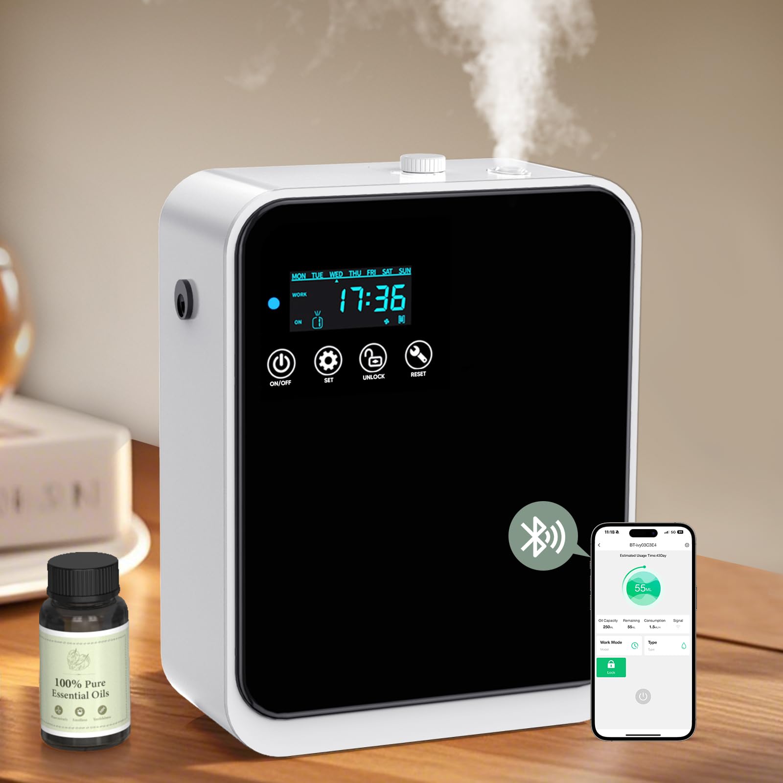 ShinePick Aroma Diffuser Wasserlos, 240ml Smart Wasserloser Diffuser für Ätherische Öle, LCD-Display, App Telefonsteuerung Aroma Diffusor Ohne Wasser Set Mit 80ml Ätherische Öle