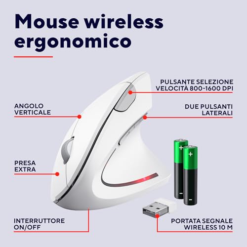 Verto Mouse Verticale Wireless, Mouse Ergonomico senza Filo, Ridurre la Tensione del Braccio e del Polso, 800-1600 DPI, 6 Pulsanti, PC, Computer, Portatile, Mac, Batterie Incluse - Bianco - Mouse gaming - Immagine 1