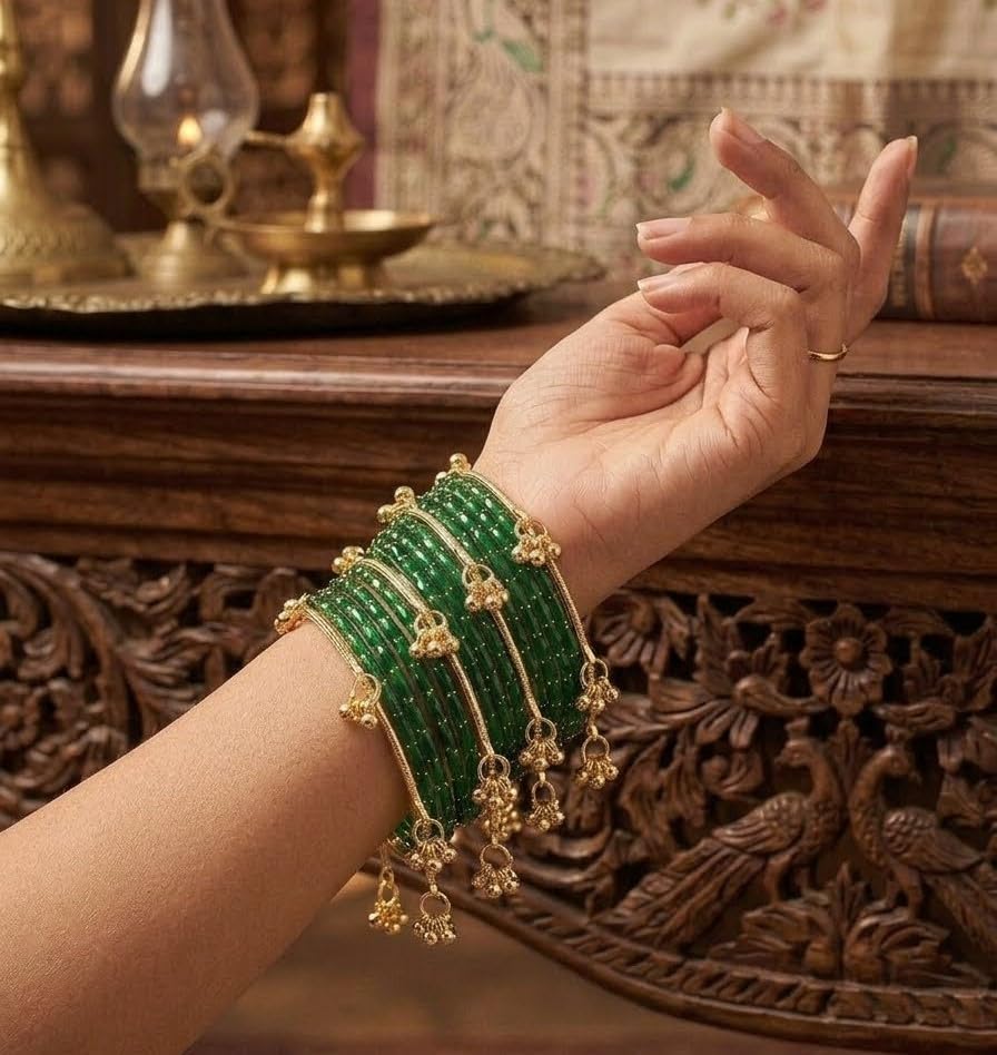 Image of JPS 16 Pcs Trendy Stylish Glass & Kashmiri Ghungroo Bangles Set for Women & Girls | Gold-Plated Traditional Festive Wedding Party Jewellery Chudi Set (12 Glass + 4 Metal)