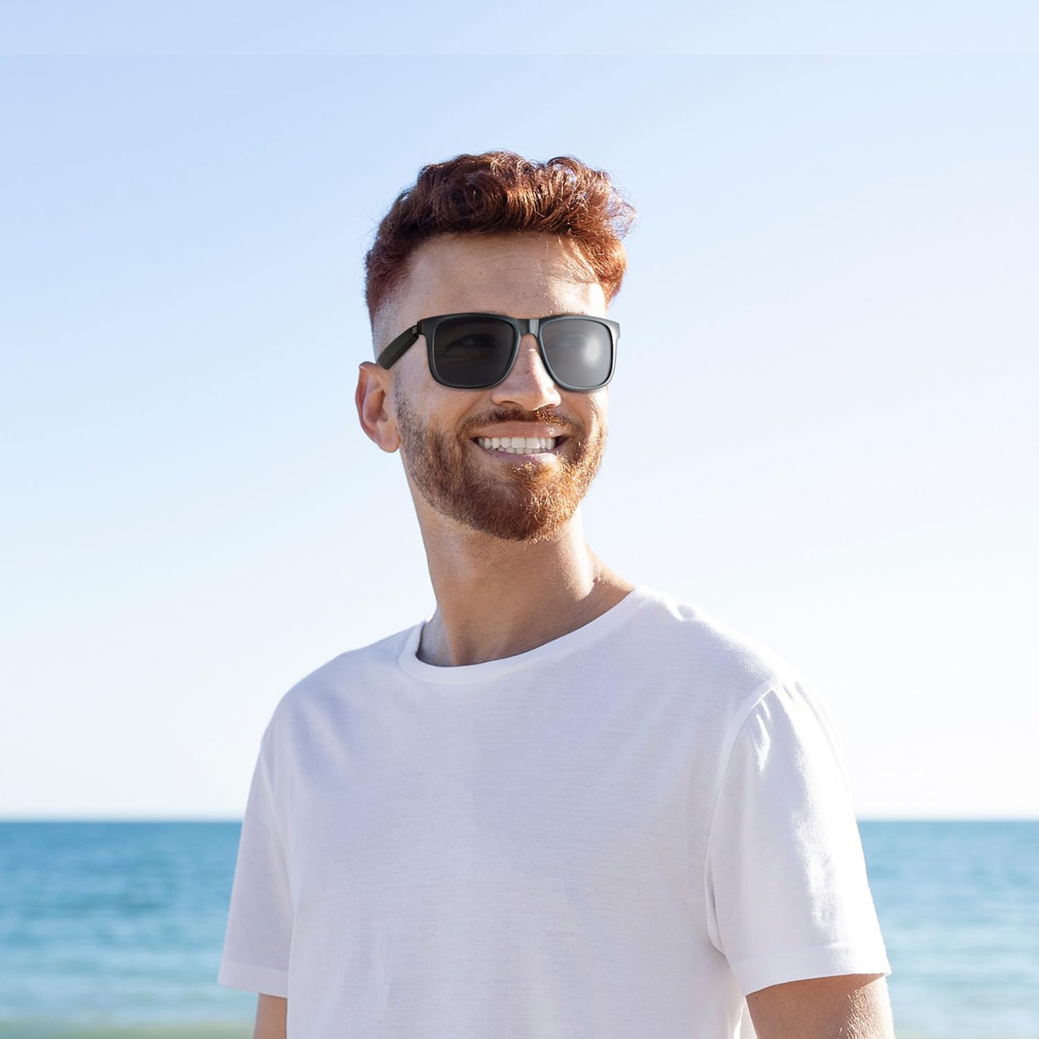 Home Gafas de sol Smart Bluetooth para hombre y mujer, gafas inteligentes con audio abierto, montura rectangular clásica, UV400, música, llamadas y control de voz, negro