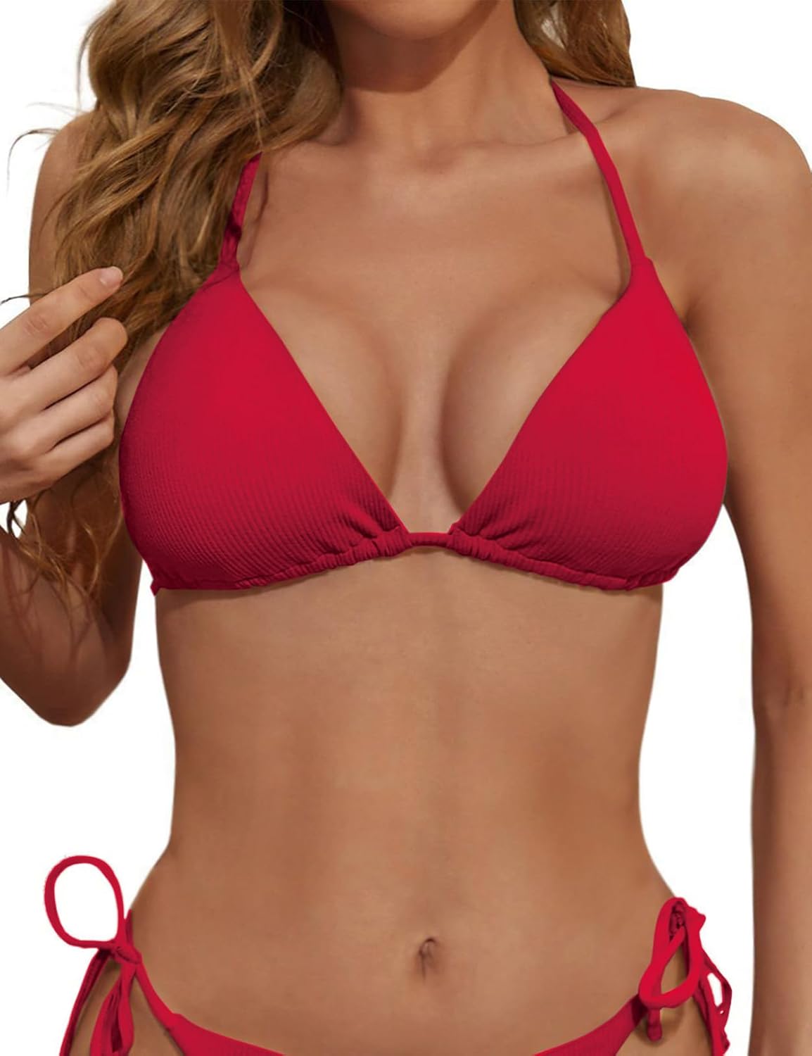 Zuvebamyo Women's Triangle Bikini Top Ribbed Push up Padded Halter String Bathing Suits Top