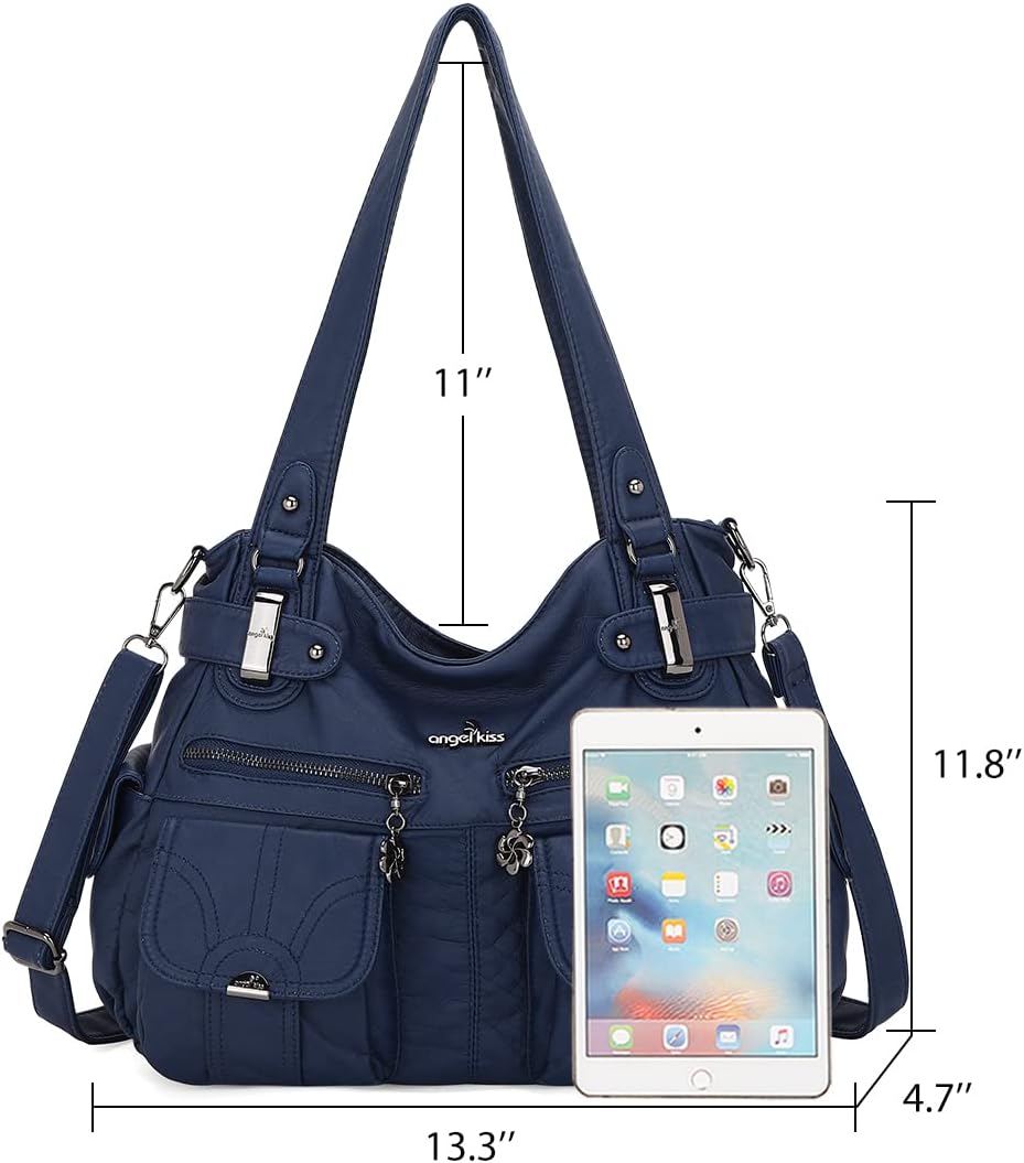 Angel Kiss Women's Designer Handbag Large Double Zipper Multi Pocket Washed Leather Purse - Image 3