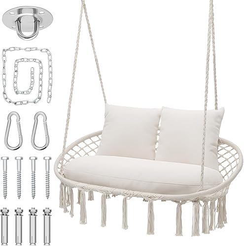 MoNiBloom Silla oscilante doble con 3 cojines para exterior, gran silla colgante de macramé para relajarse en interiores y exteriores, hamaca para