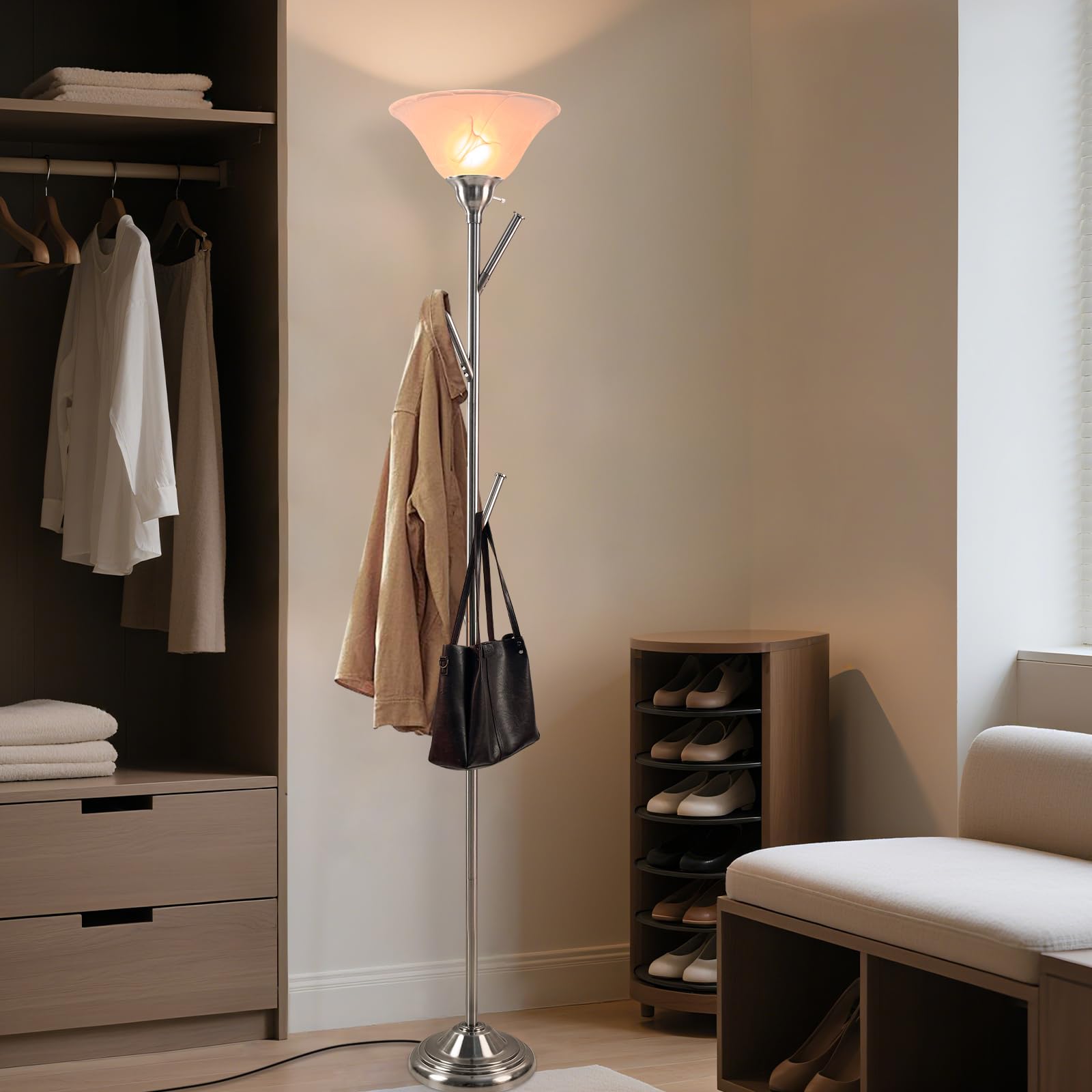 Hohe Stehlampe für Wohnzimmer, Torchiere Stehlampen mit 6 Haken Kleiderständer, Mantelbaum der Stehleuchte für Schlafzimmer Büro Ecke